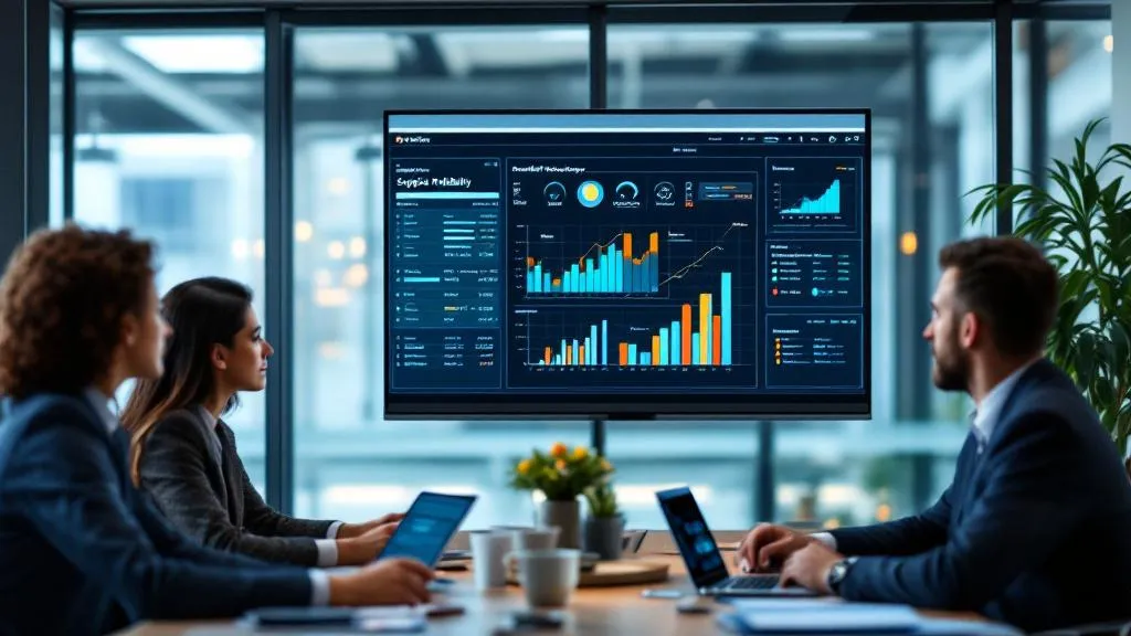 Équipe évaluant un scorecard fournisseur sur écran
